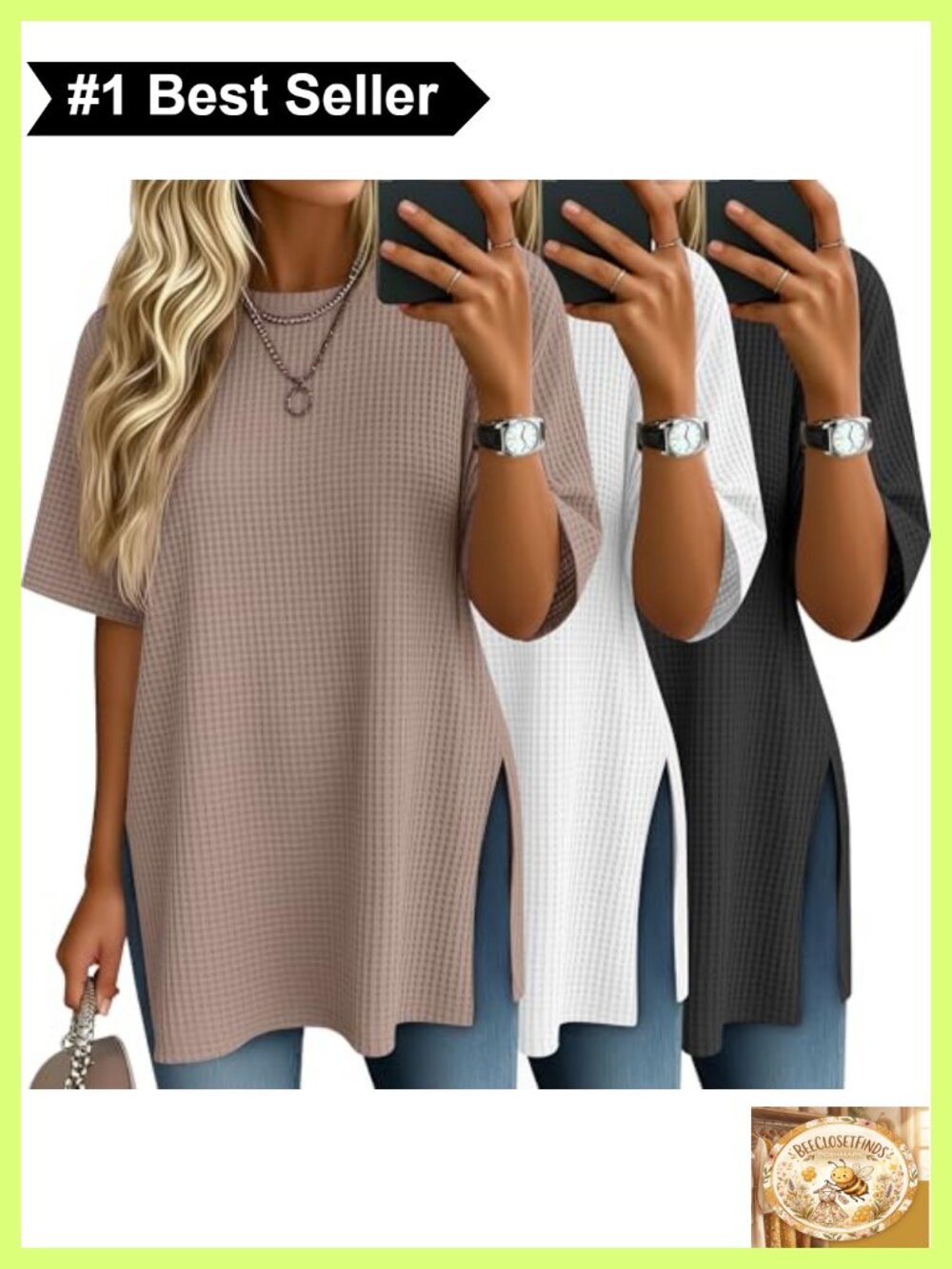 Womens Oversized Waffle Knit Side Split Short Sleeve Tops 3 Pack